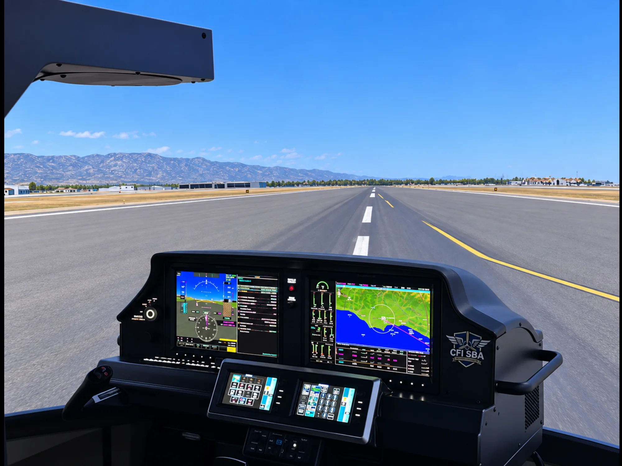CFI SBA Cirrus SR2x G7 simulator cockpit with a wrap-around view of the runway at Santa Barbara